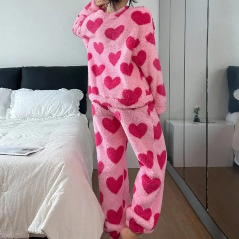 Women's Pink Heart Coral Fleece Pajama Set – Warm 2Pc Loungewear Pajama Set Axl