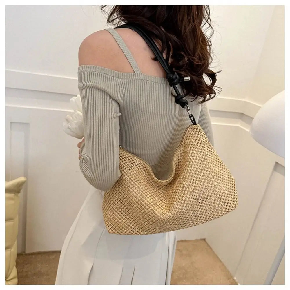 Women's Handmade Woven Straw Tote Bag – Rattan Beach Shoulder Bag Woven Tote Bag Axl