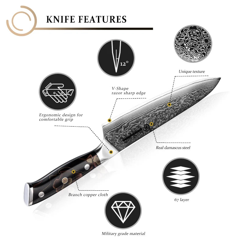 Grandsharp 8" 67-Layer Damascus Steel Chef Knife – Copper Handle Damascus Chef Knife Axl