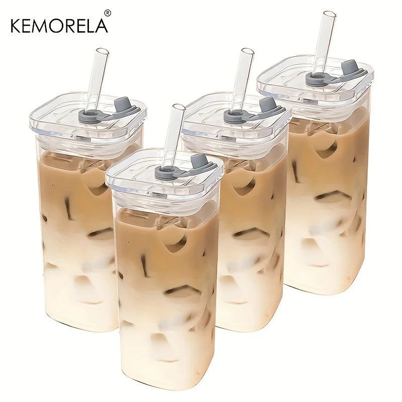 Square Heat-Resistant Glass Cups with Lid & Straw | Set of 1–6 Glass Cup Set Axl 4PCS 301-400ml