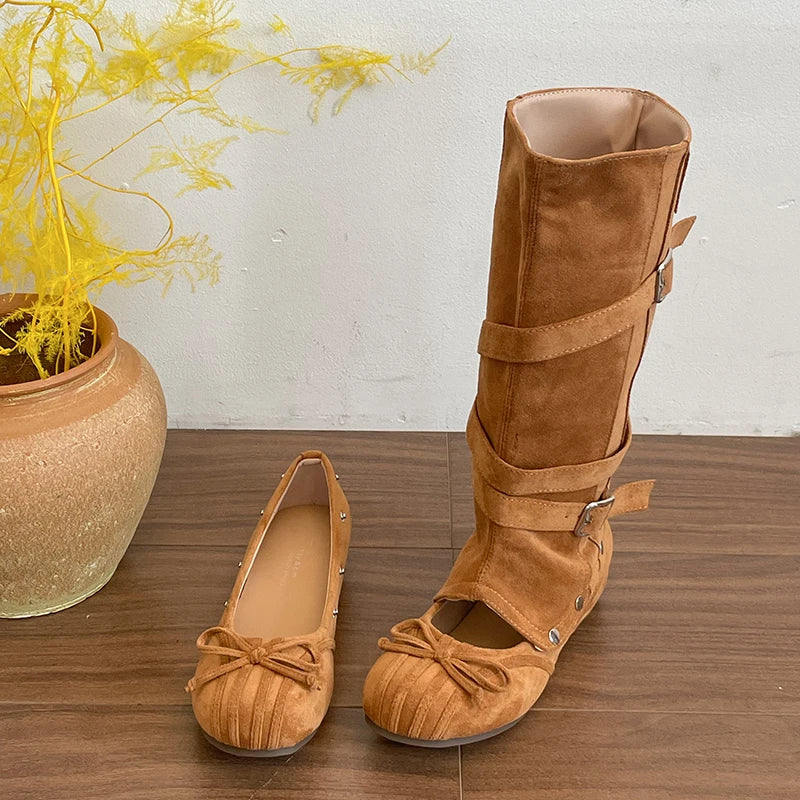 Women's Vintage Hollow Wedge Boots | Multi-Buckle Slip-On Wedge Boots Axl caramel color 36