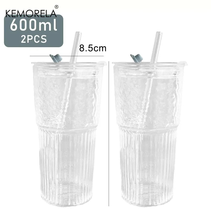 KEMORELA 600ml Stripe Glass Cup with Lid & Straw | 1-2 Pack Glass Tumbler Set Axl 2PCS 301-400ml