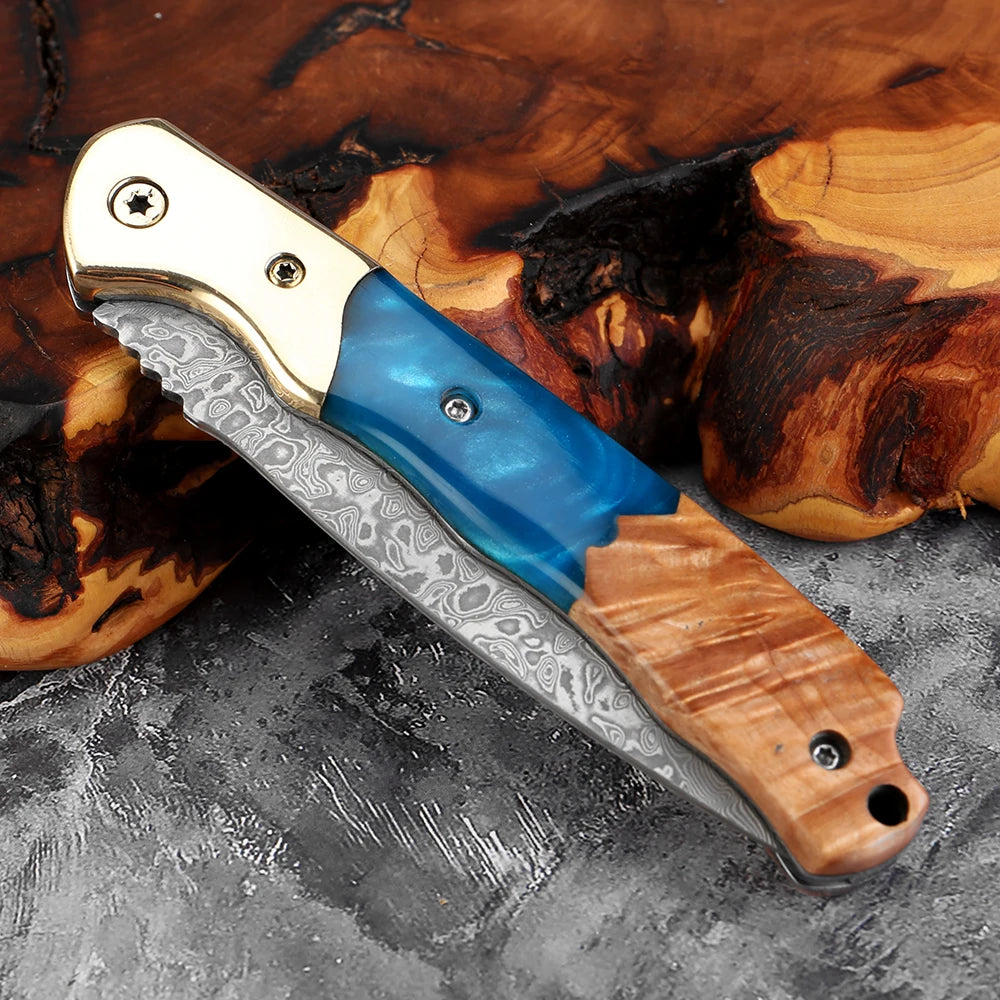Damascus Steel Folding Knife – Rosewood & Resin Handle | EDC Folding Pocket Knife Axl
