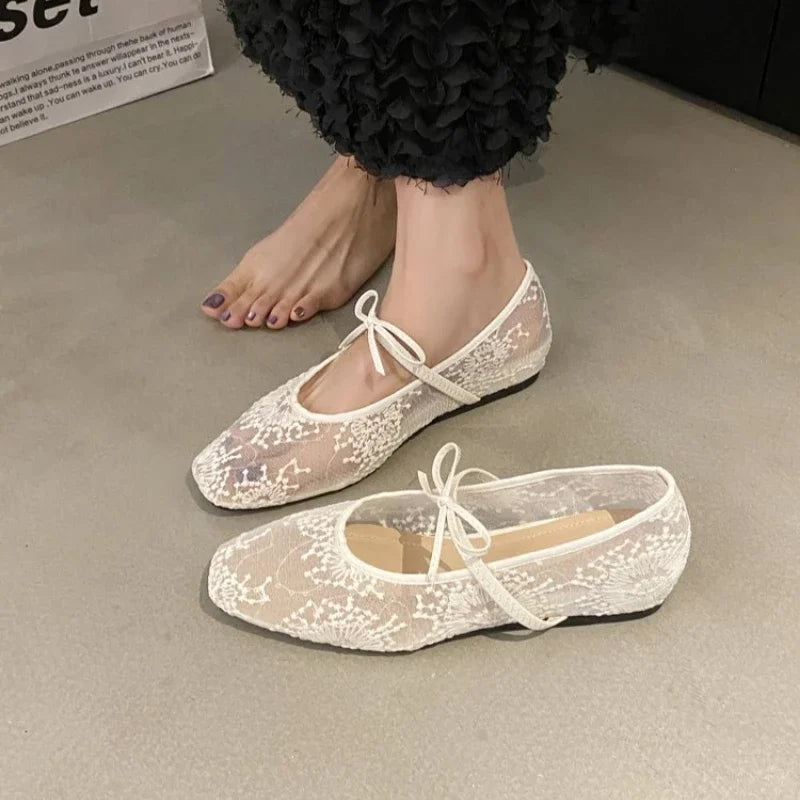 Women's Mesh Ballet Flats – Bow Embroidery Lightweight Shoes Women's Ballet Flats Axl