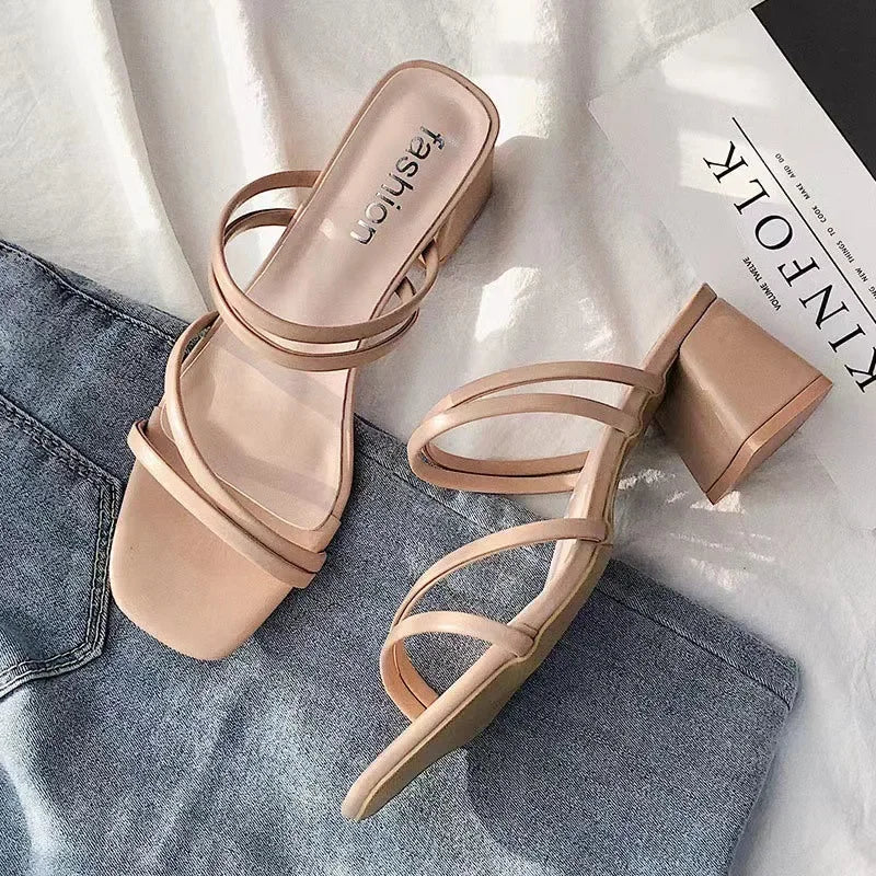 YBQJOO Women's Square Heel Sandals – Elegant Slip-On Summer Women's Heel Sandals Axl Pink 42
