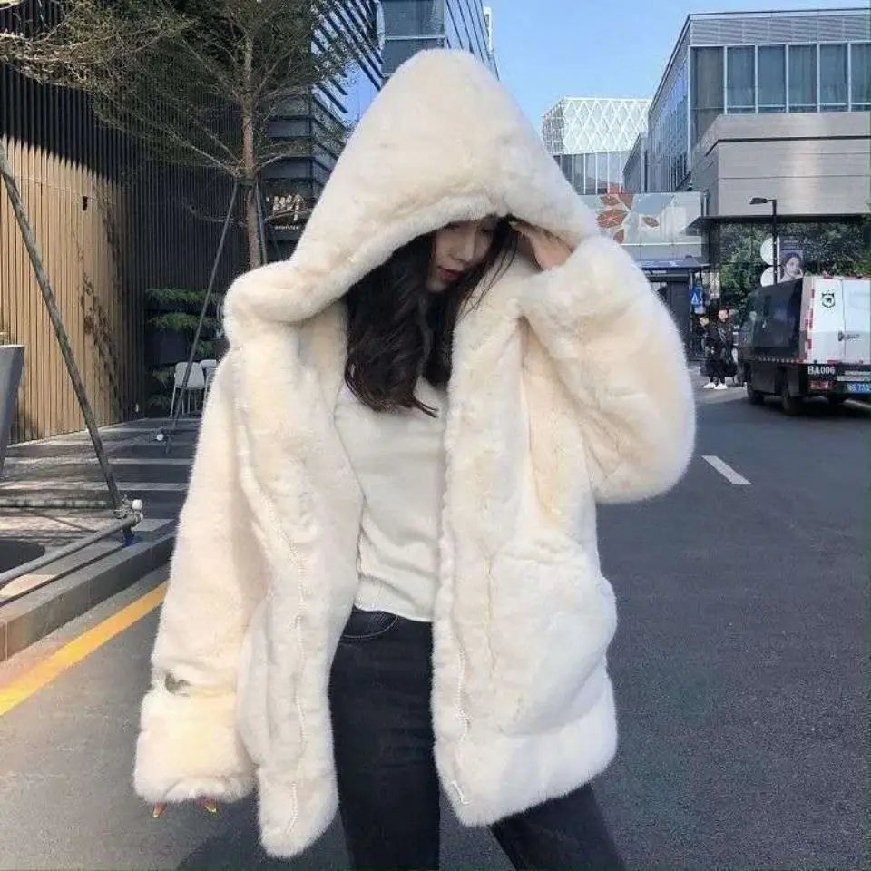 Women's Faux Mink Fur Hooded Coat – Plush Shaggy Jacket Faux Fur Coat Axl