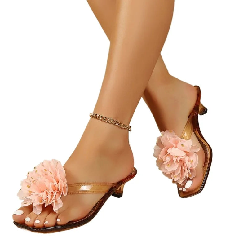 Bohemian Flower High Heel Sandals – Women's Square Toe Slippers Heeled Sandals Axl