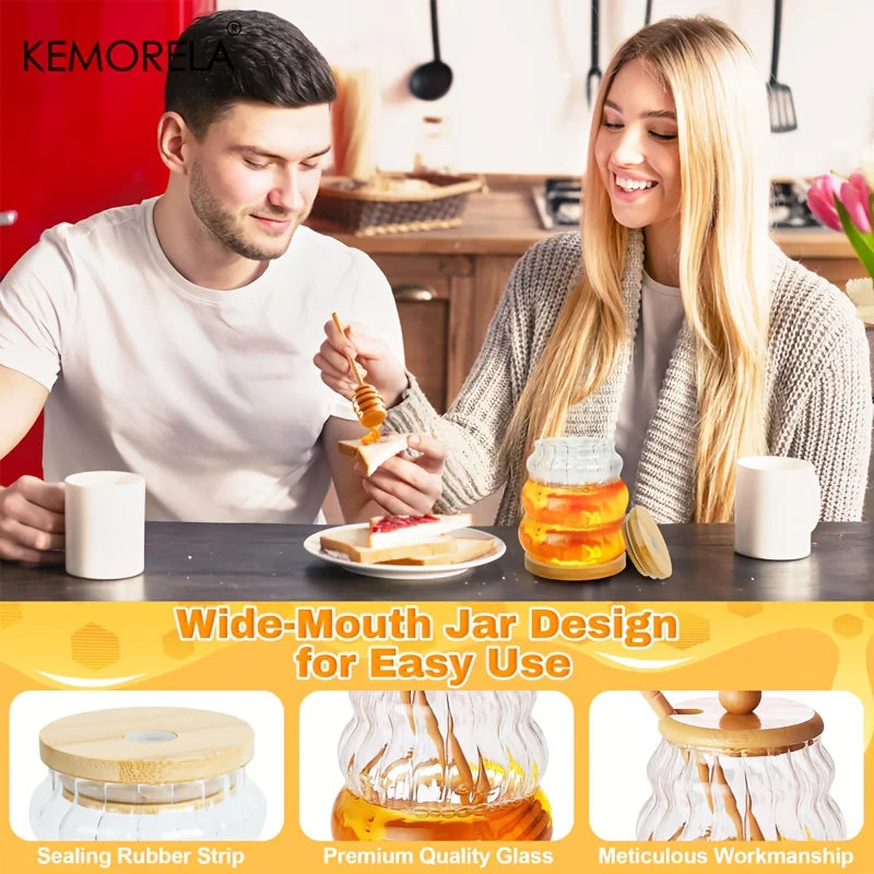 KEMORELA Glass Honey Jar with Wooden Spoon & Lid – 330/450ML Glass Honey Jar Axl