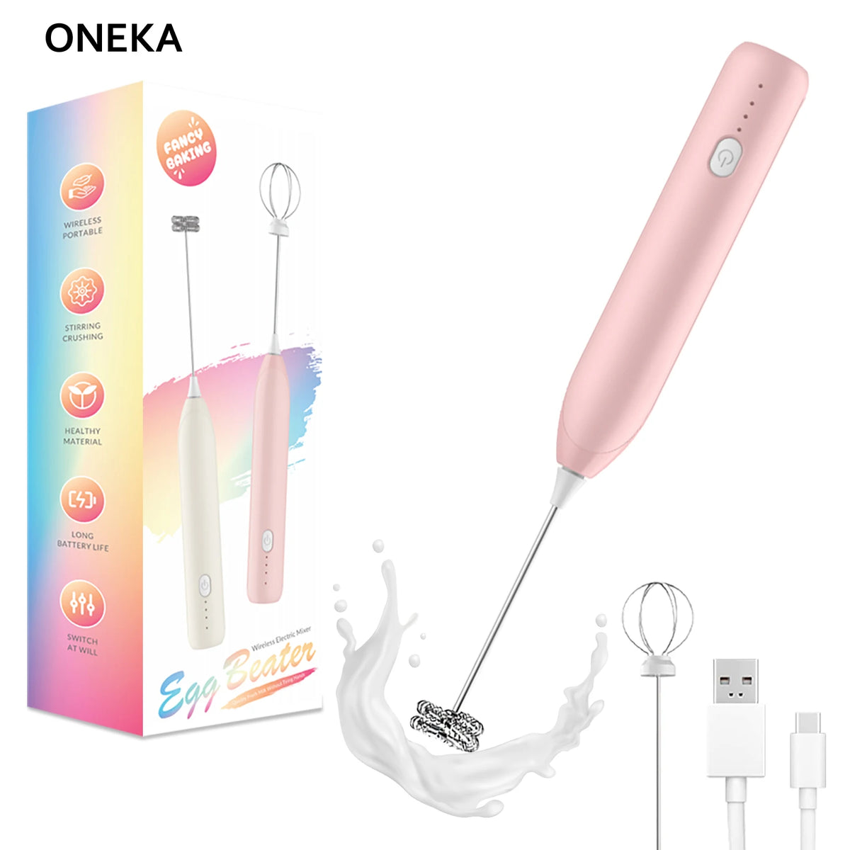 ONEKA Rechargeable Handheld Milk Frother & Electric Whisk Handheld Milk Frother Axl Pink