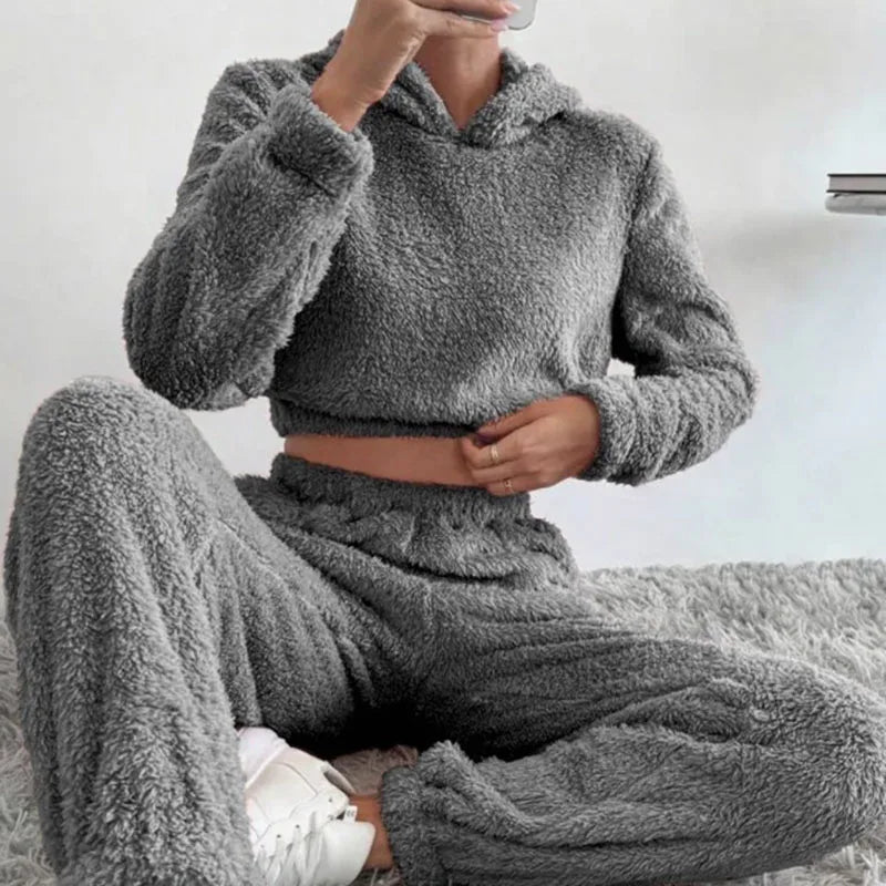 Women's Plush Hooded Loungewear Set – Cozy Winter Homewear Women's Loungewear Set Axl