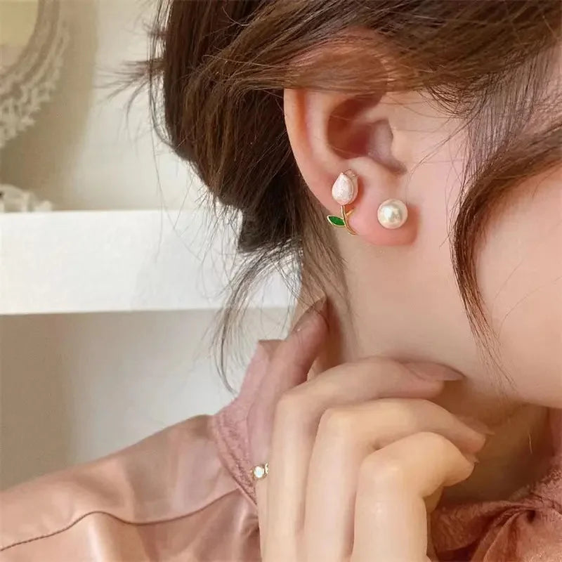 Huitan Pink Rose Stud Earrings with Imitation Pearl | Women Stud Earrings Axl