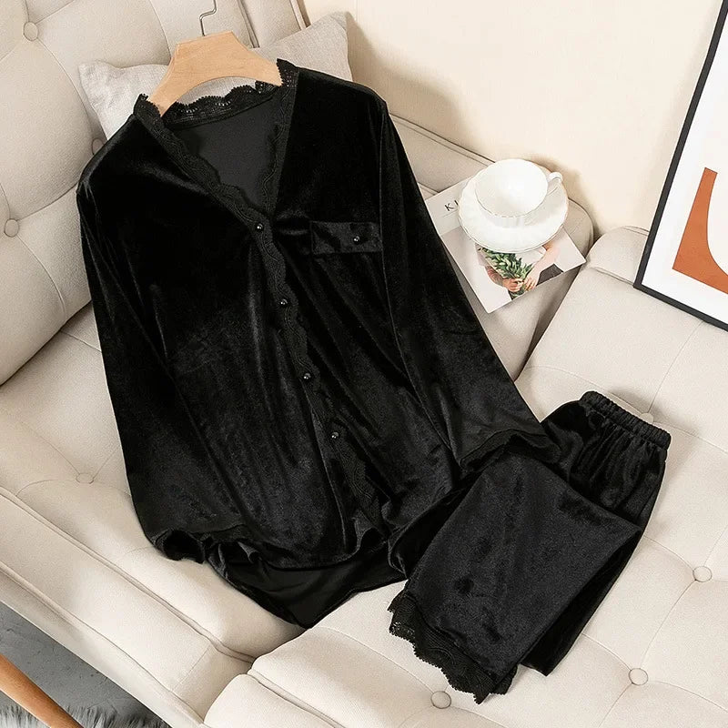 Women's Velvet Pajama Set – Long Sleeve Lace Trim Sleepwear Velvet Pajama Set Axl black-1 L
