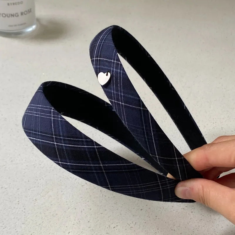 Navy Blue Plaid Hair Headband with Heart Decor for Women Hair Headband Axl
