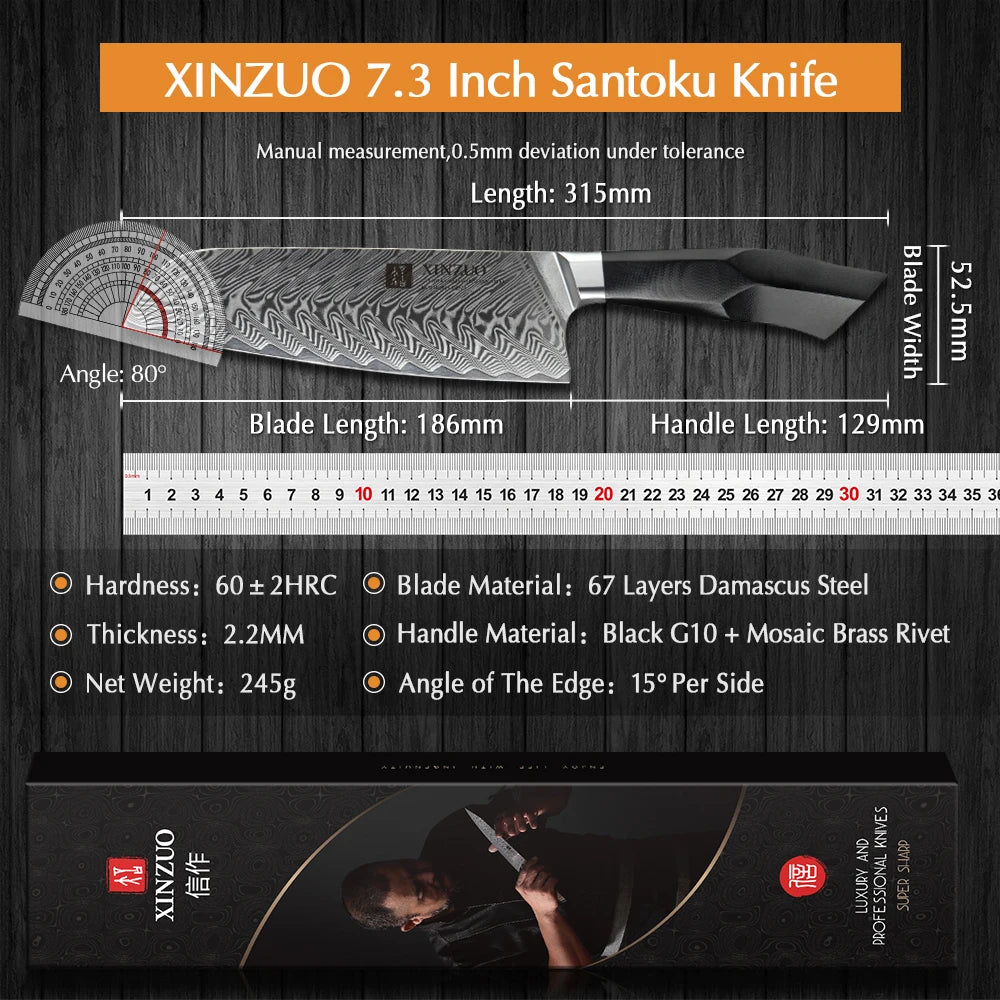 XINZUO 7.3" VG10 Damascus Steel Santoku Knife – Feng Series Damascus Santoku Knife Axl