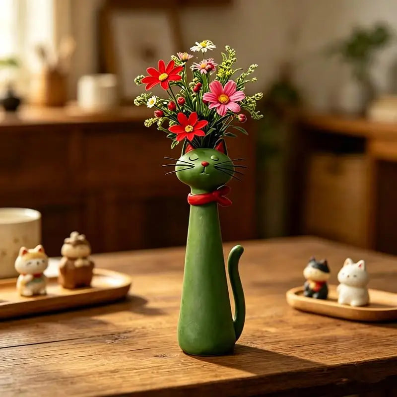 Cat Shaped Resin Vase – Cute Long Neck Cat Floral Ornament Decorative Resin Vase Axl C
