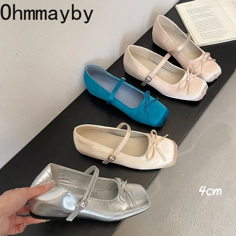 Satin Butterfly-Knot Mary Jane Pumps | Square Toe Buckle Strap Mary Jane Pumps Axl