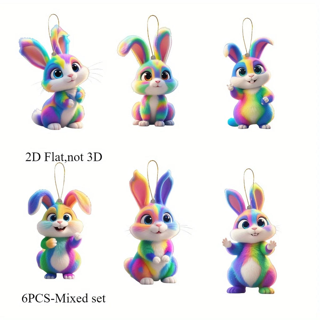 6-Pack Rainbow Bunny Hanging Ornaments – Cartoon Rabbit Figurines Holiday Ornaments Axl Random style 6pcs
