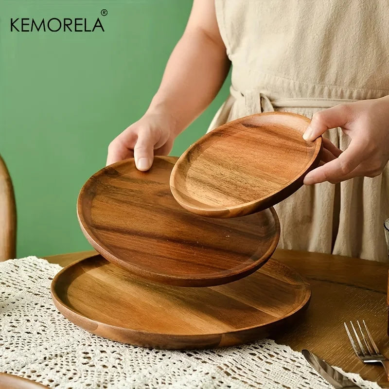 Handmade Round Acacia Wood Plate – Sushi, Dessert & Fruit Dish Wooden Serving Plate Axl