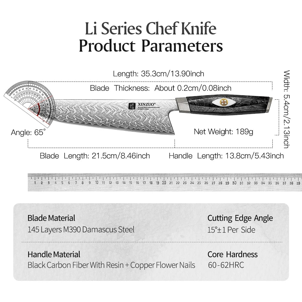 XINZUO 8.46" Damascus Chef Knife | 145-Layer M390, 62HRC Damascus Chef Knife Axl