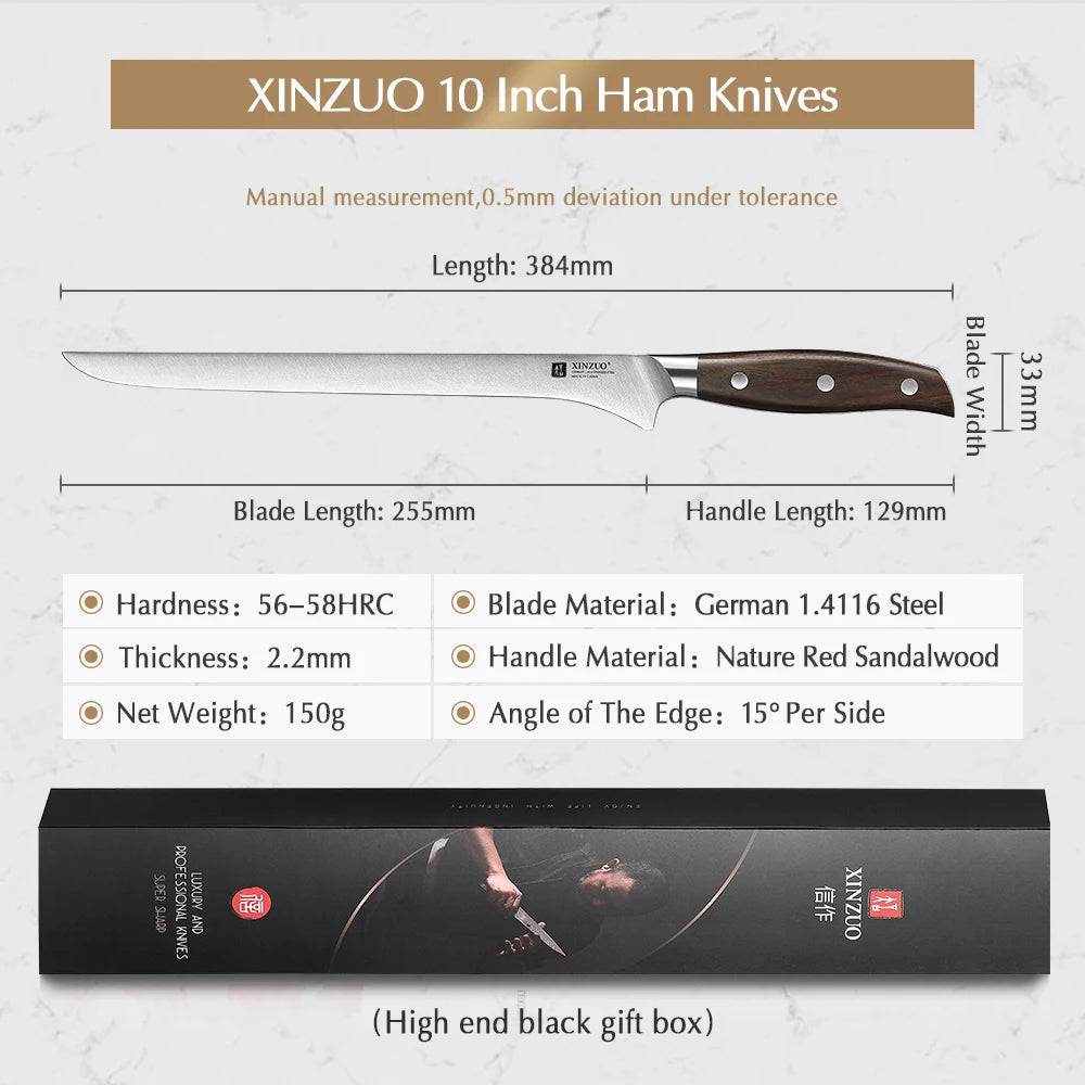XINZUO 10" Ham Slicing Knife – German 1.4116 Steel Sandalwood Ham Slicing Knife Axl
