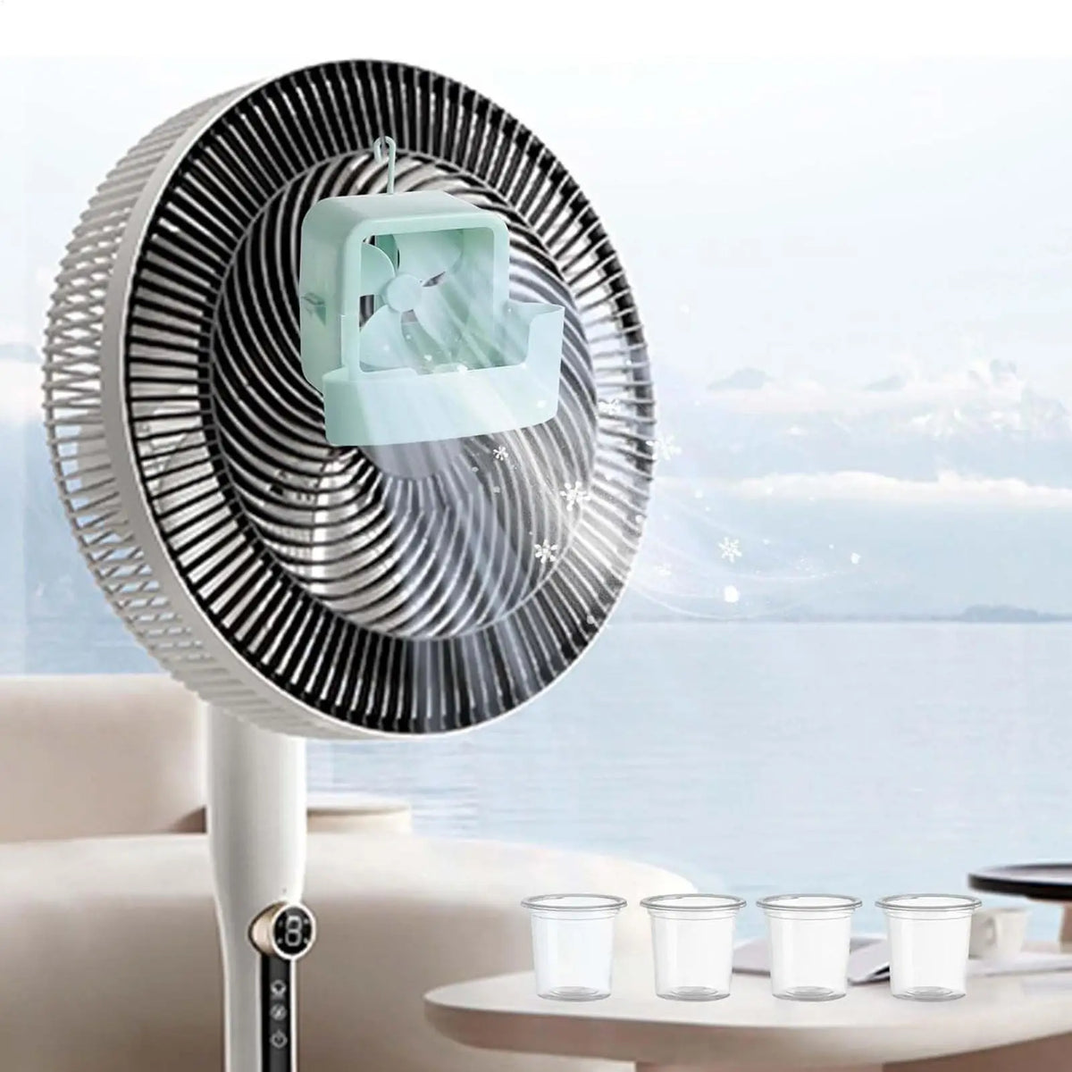 Fan Ice Cooling Attachment with 4 Ice Cups – Mist Cooler Fan Cooling Attachment Axl