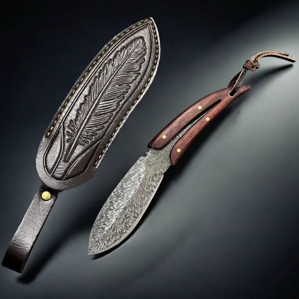 EDC Fixed Blade Knife – Patterned Leaf Blade & Wood Handle Fixed Blade Knife Axl