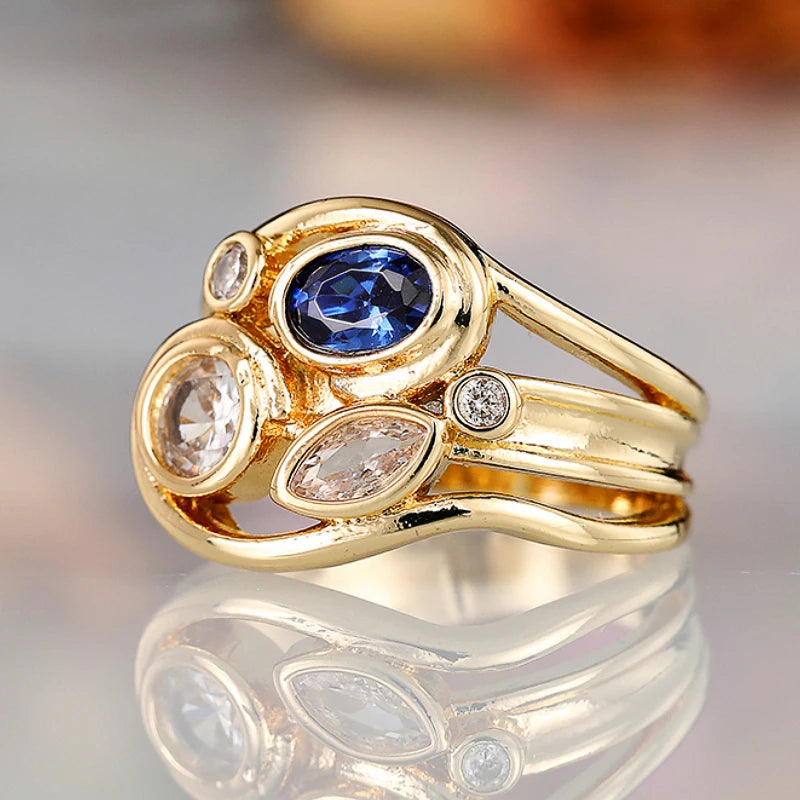 Huitan Wave Ring Women – White & Blue CZ Wedding Band CZ Fashion Ring Axl