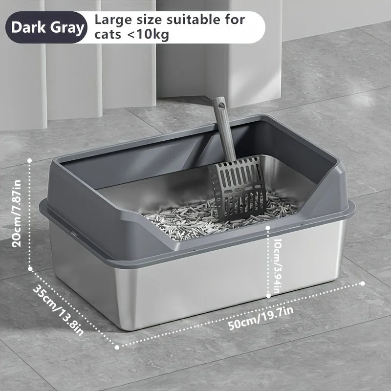 KEMORELA XL Stainless Steel Cat Litter Box with Lid & Scoop Cat Litter Box Axl Dark Gray 50cm