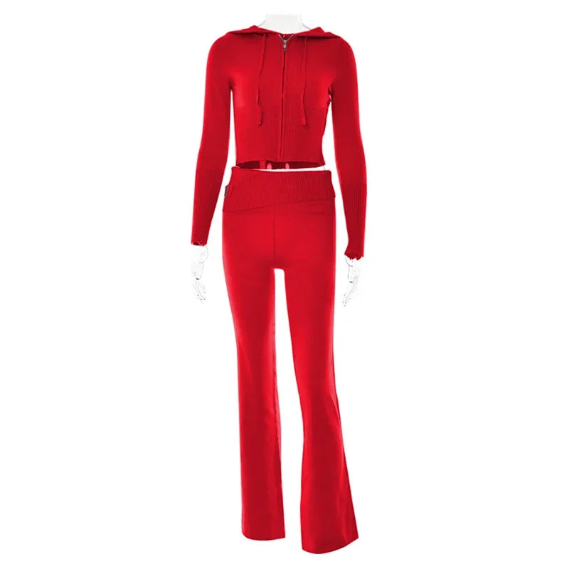 Women's Ribbed Knit Tracksuit – Hooded Crop Top & Flare Pants Women's Tracksuit Set Axl Red M