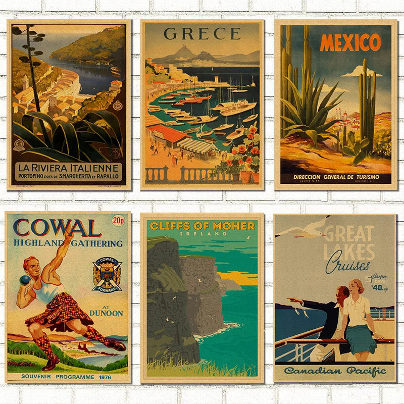 Vintage Travel Poster Wall Art | Kraft Paper Retro City Print Wall Art Poster Axl