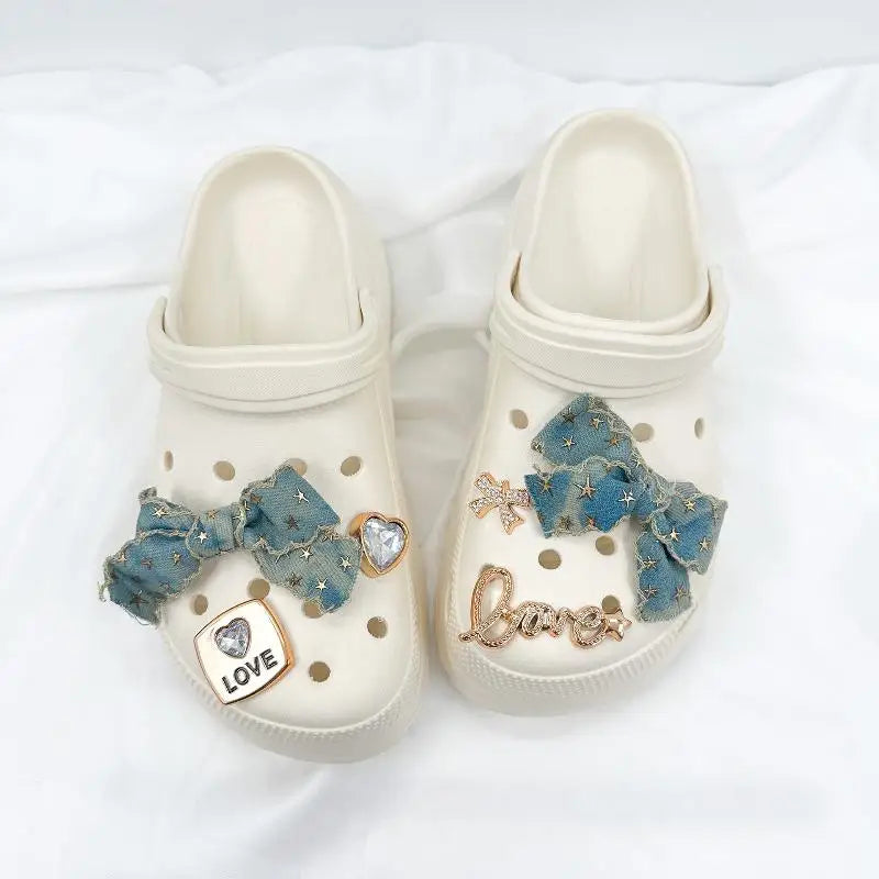 Denim Bow Rhinestone Shoe Charms DIY Decoration Kit – 6pc Shoe Charm Set Axl