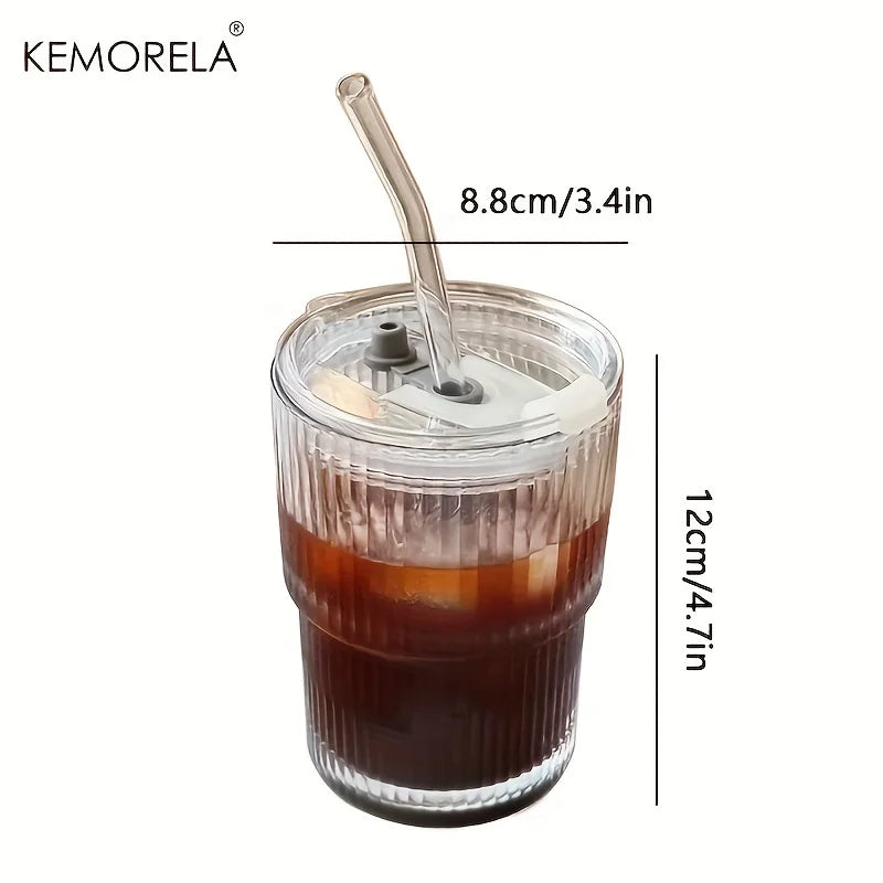 KEMORELA 450ml Stripe Glass Cups with Lid & Straw | 4/6 Pack Glass Drinkware Set Axl