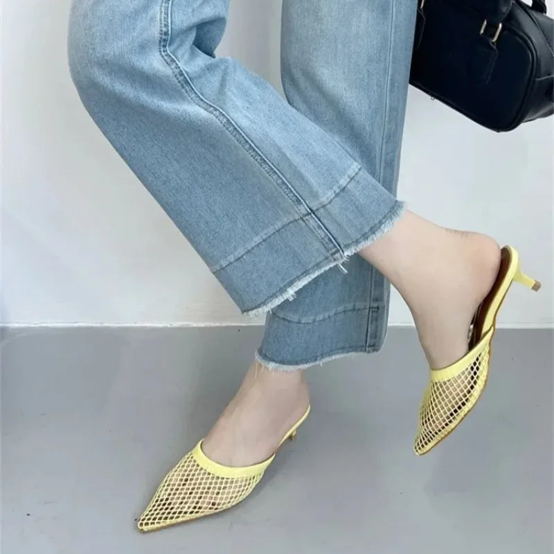Women's Mesh Mule Sandals – Pointed Toe Low Heel Slingback Mule Sandals Axl