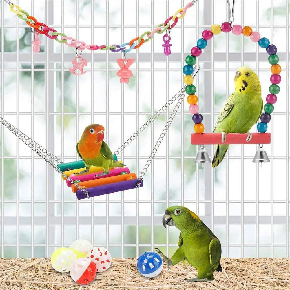 11-Piece Natural Wood Parrot Toy Set – Swing, Chew & Bell Toys Bird Cage Toys Axl