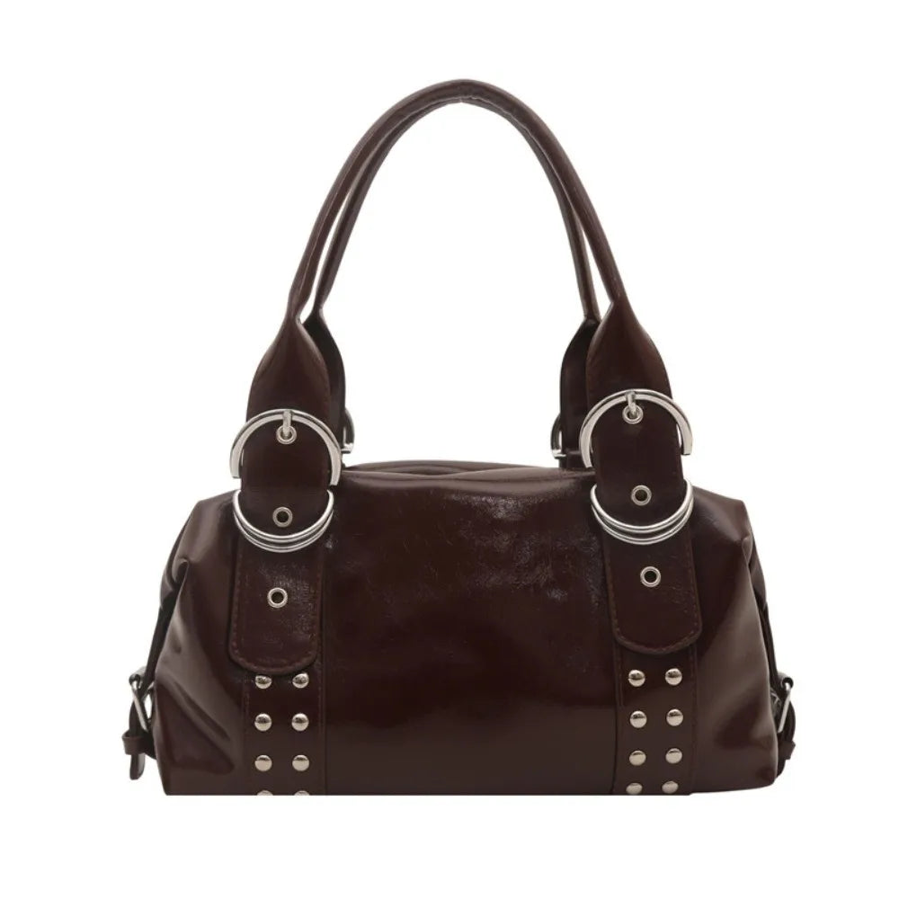 Y2K PU Leather Women's Rivet Shoulder Tote Bag | Large Capacity Shoulder Tote Bag Axl Brown