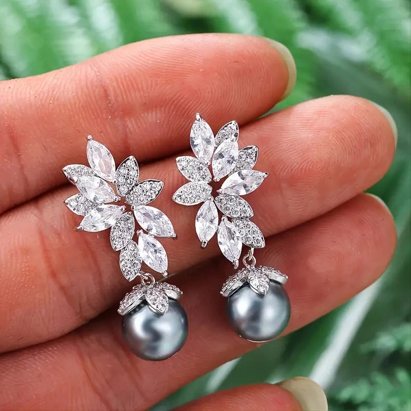 Huitan CZ Pearl Leaf Dangle Earrings – Women's Statement Jewelry Dangle Earrings Axl