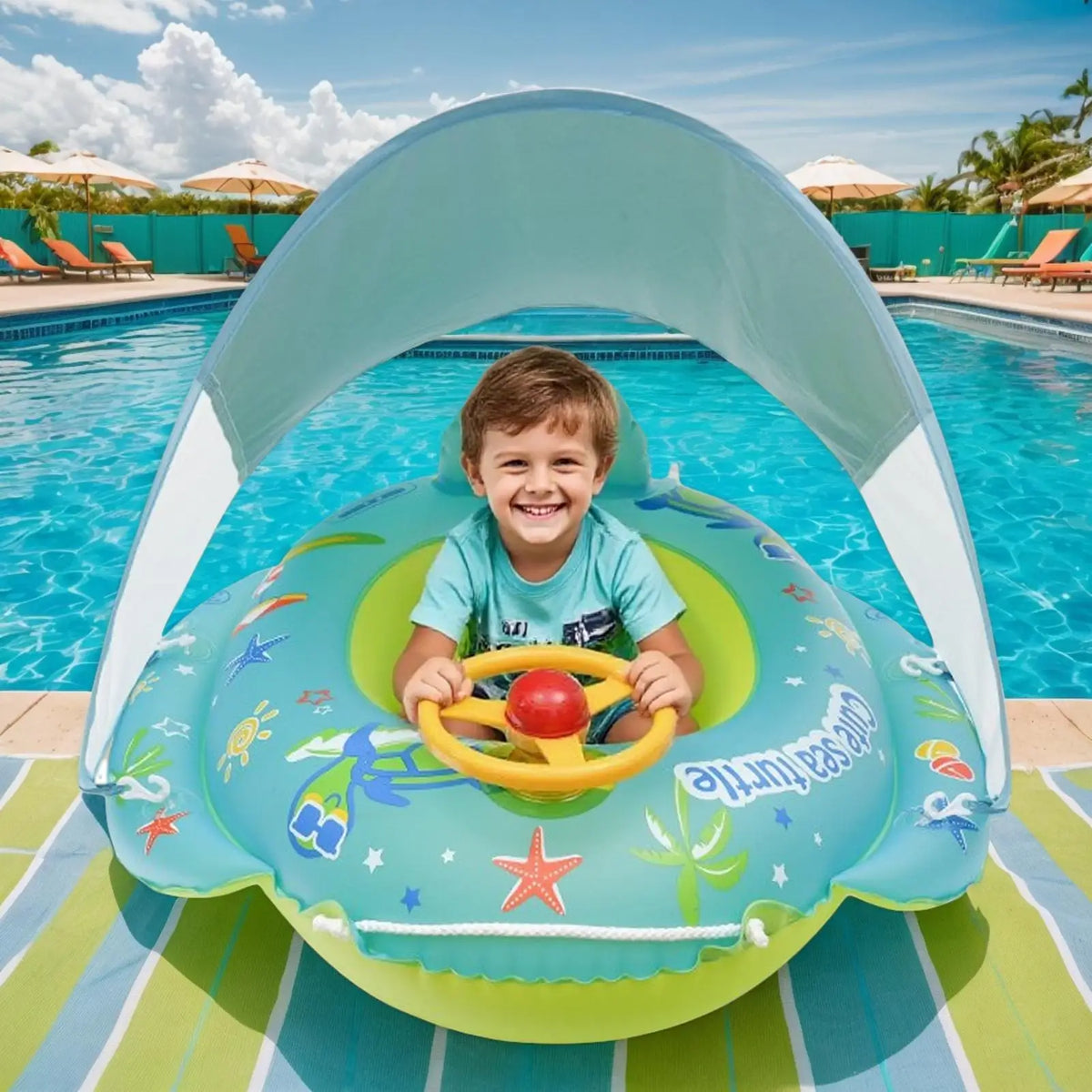 Kids Inflatable Pool Float with Sunshade Canopy | Swim Seat Ring Inflatable Pool Float Axl