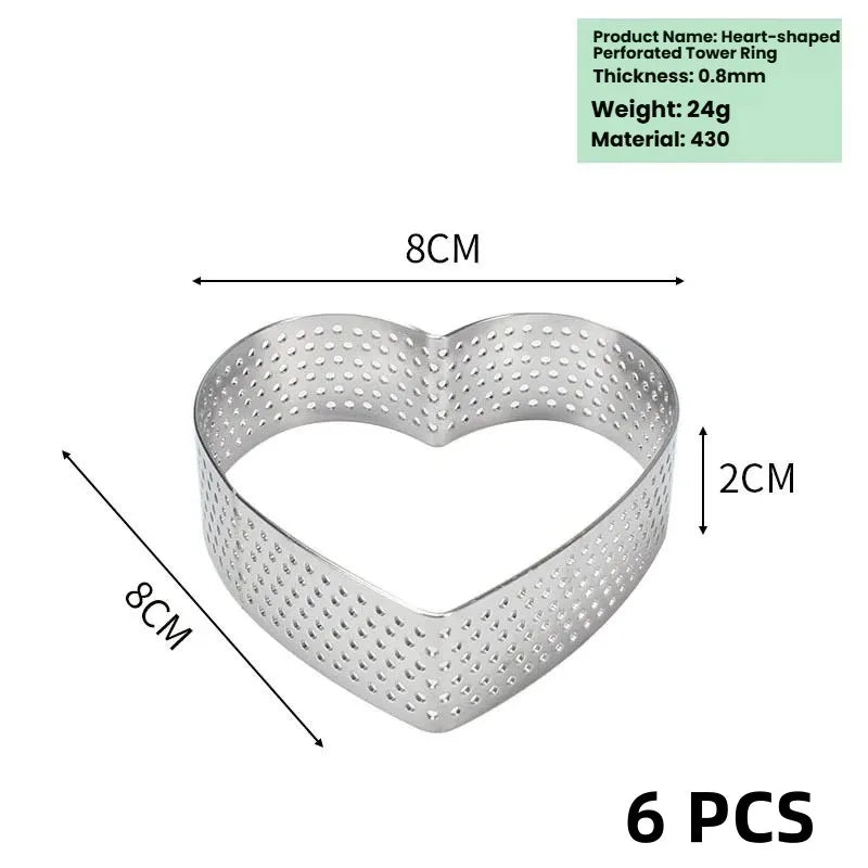 6-Piece Heart Tart Ring Set | Perforated Stainless Steel Molds Tart Ring Mold Set Axl 6pcs 8cm