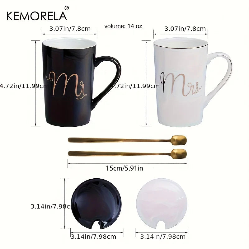 Golden Ceramic Coffee Mug Set with Lids & Spoons 400ml | 2-Pack Ceramic Mug Set Axl