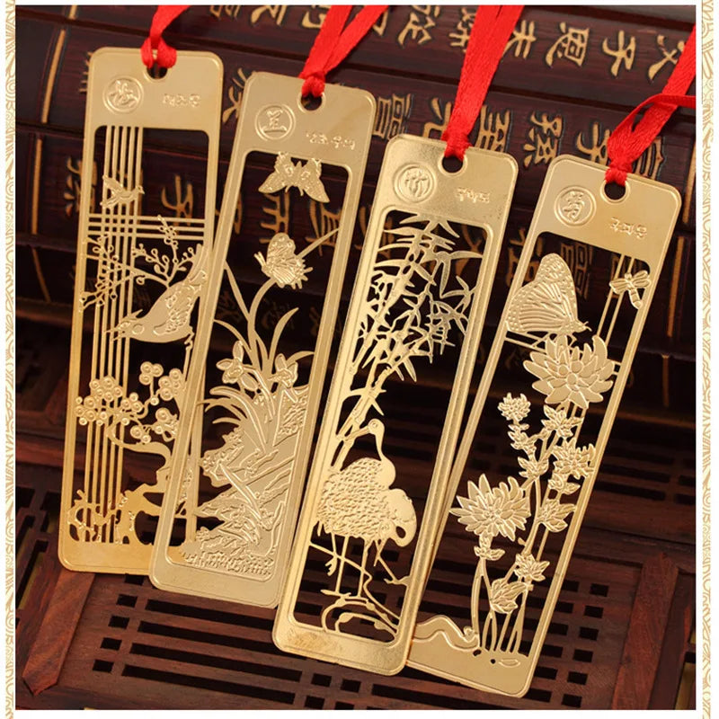 Chinese Style Metal Hollow Bookmarks with Red Knot | Gift Set Metal Bookmarks Axl 4Pcs Random style