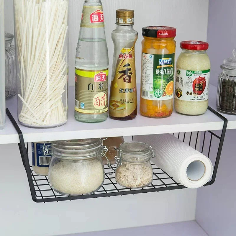 No-Drill Under-Table Hanging Iron Storage Basket & Shelf Hanging Storage Basket Axl