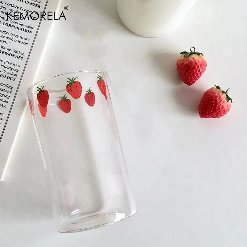 KEMORELA 300ml Cute Glass Cup – Strawberry Orange Design Glass Drinkware Cup Axl