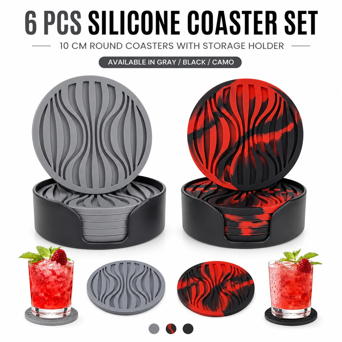 Silicone Coasters Set of 6 with Holder – Heat Resistant Cup Mats Silicone Coaster Set Axl