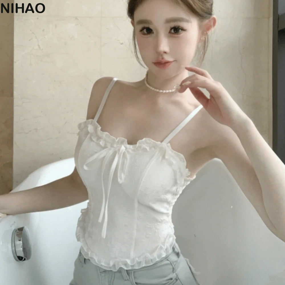 Women's Lace Ruffle Crop Camisole – Bowknot Slim Fit Tank Top Lace Crop Camisole Axl