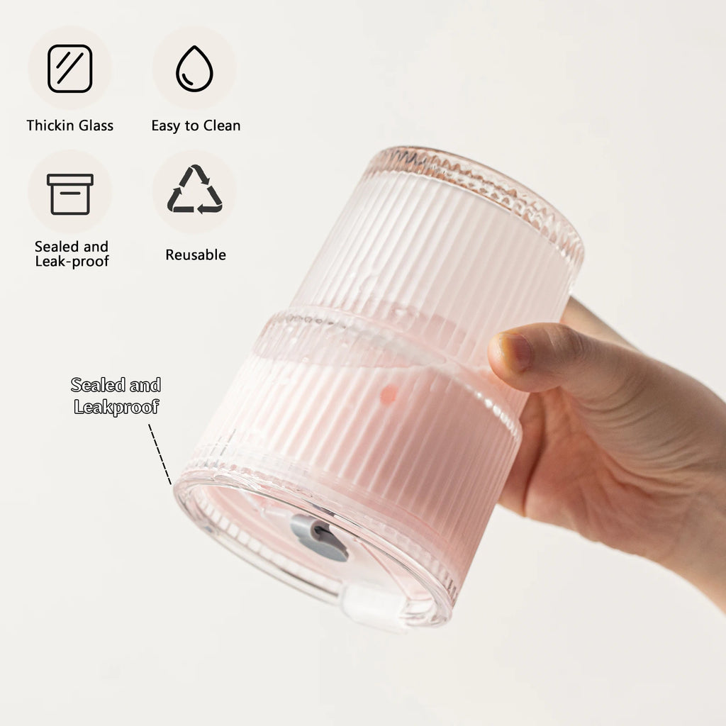 450ml Striped Glass Cups with Lid & Straw | Set of 1 or 2 Glass Drinking Cup Axl