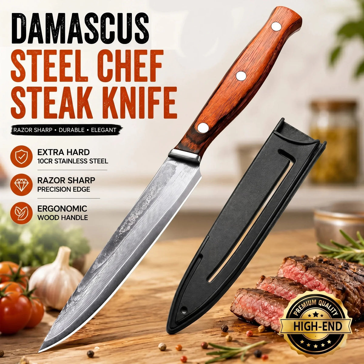 Damascus Pattern Kitchen Slicing Knife – 10Cr Steel & Wood Handle Kitchen Slicing Knife Axl