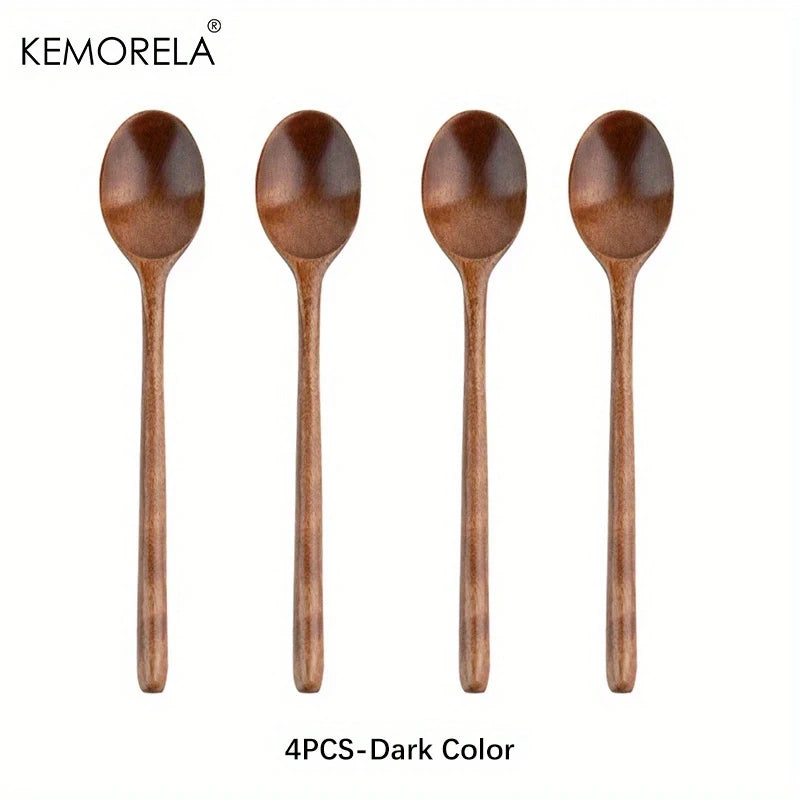 4-Piece Korean Style Natural Wood Spoon Set | Kitchen Tableware Wood Kitchen Spoons Axl 4PCS-Dark Color