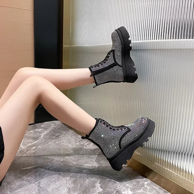 Women's Rhinestone Crystal Platform Ankle Boots | Winter Bling Platform Ankle Boots Axl