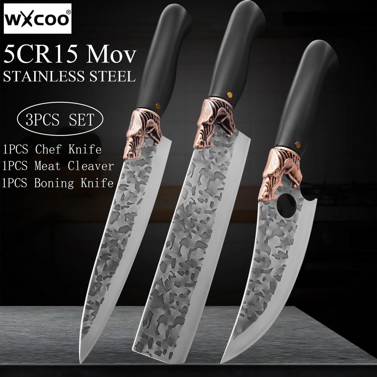 WXCOO Hand Forged Stainless Steel Chef & Butcher Knife Kitchen Chef Knife Axl 3PCS