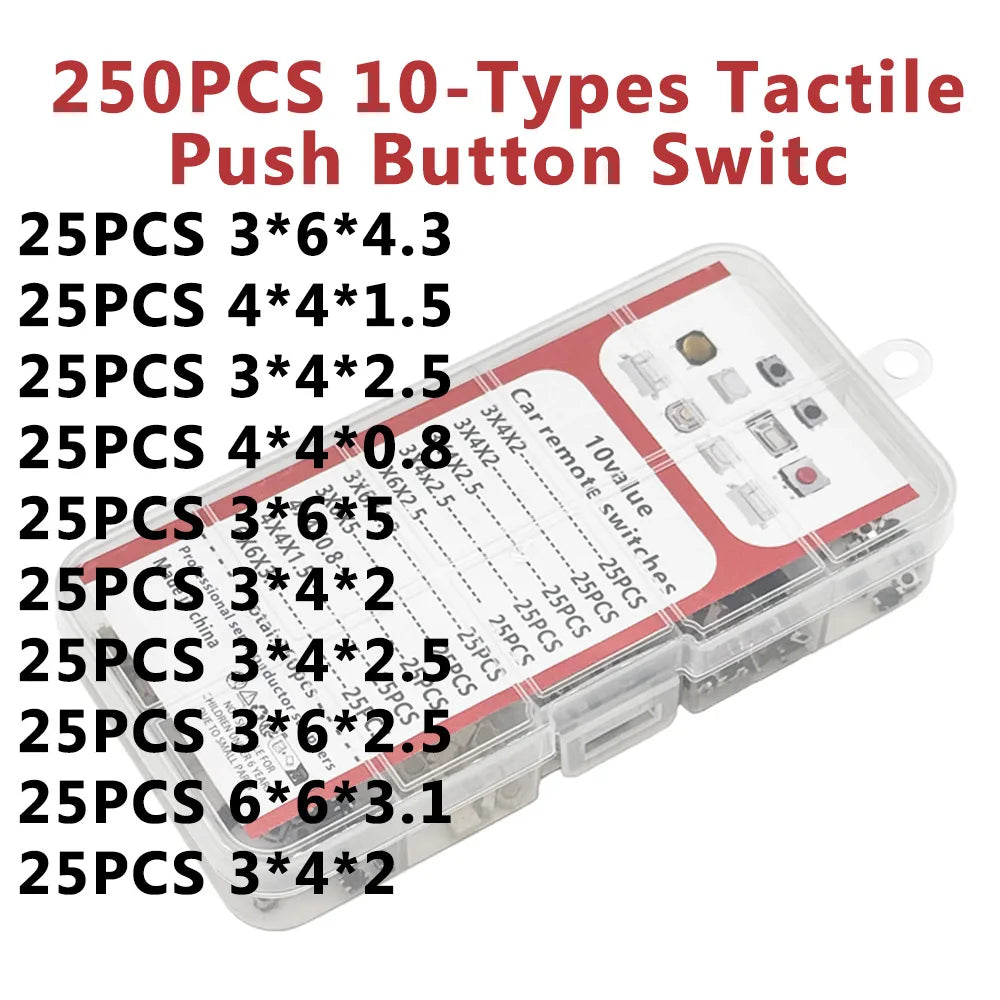 250PCS Tactile Push Button Switch Kit – 10 Types Microswitch Set Microswitch Assortment Kit Axl